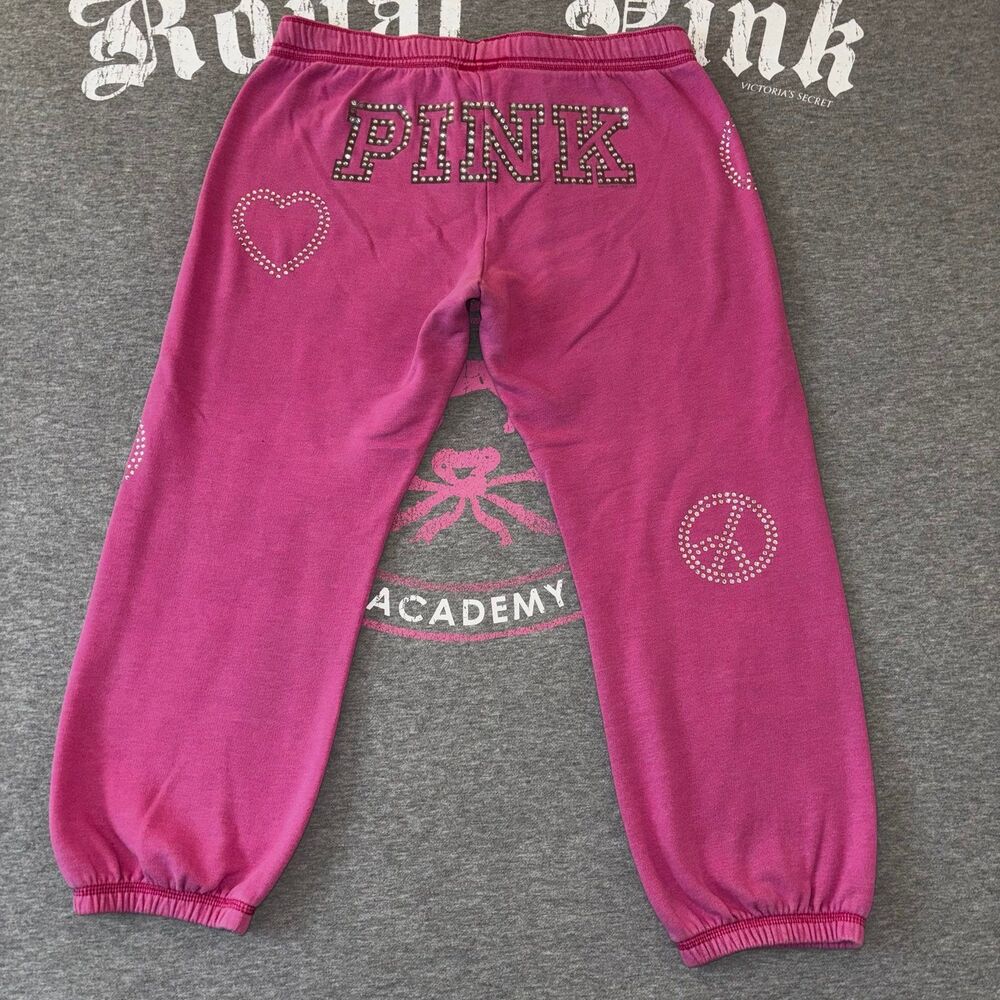 Victoria’s Secret PINK Rhinestone Bling Peace Love Pink Capri Sweatpants Y2K